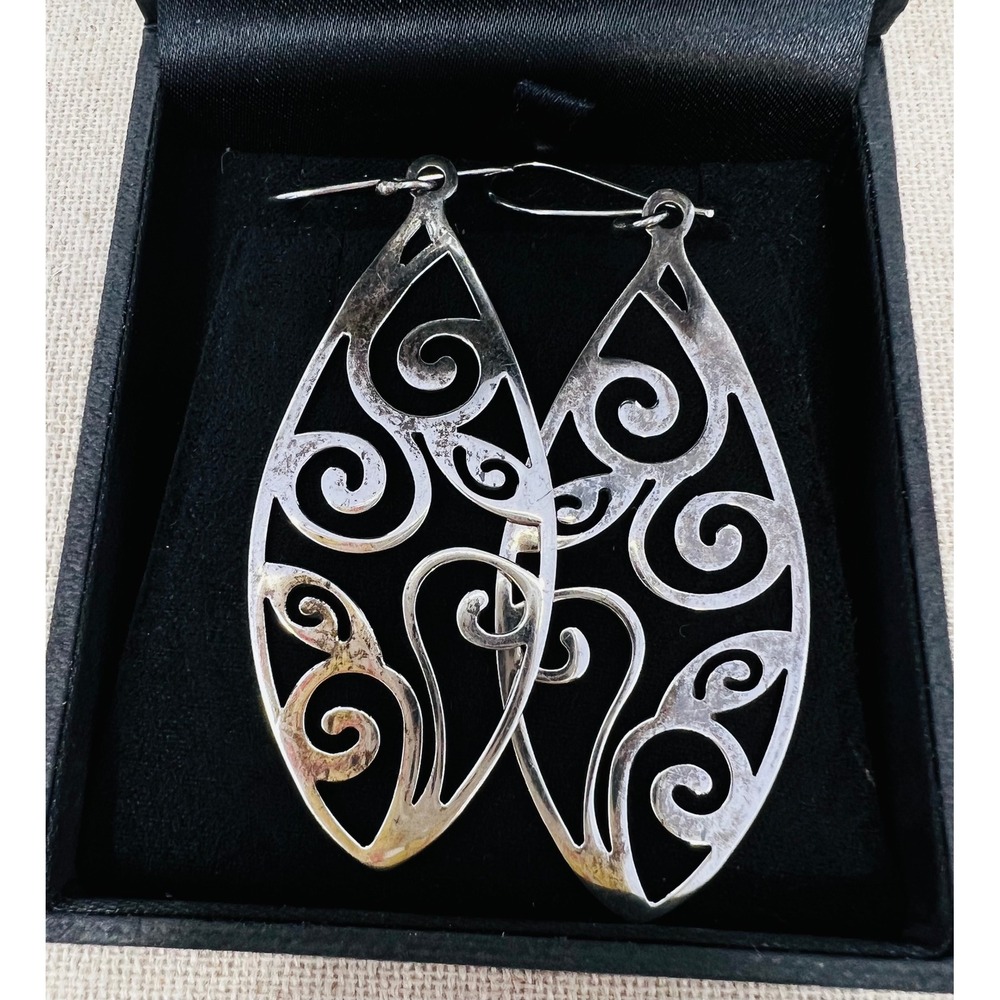 Vintage Mexico Sterling Silver 925 Scroll Filigree Teardrop Dangle Earrings